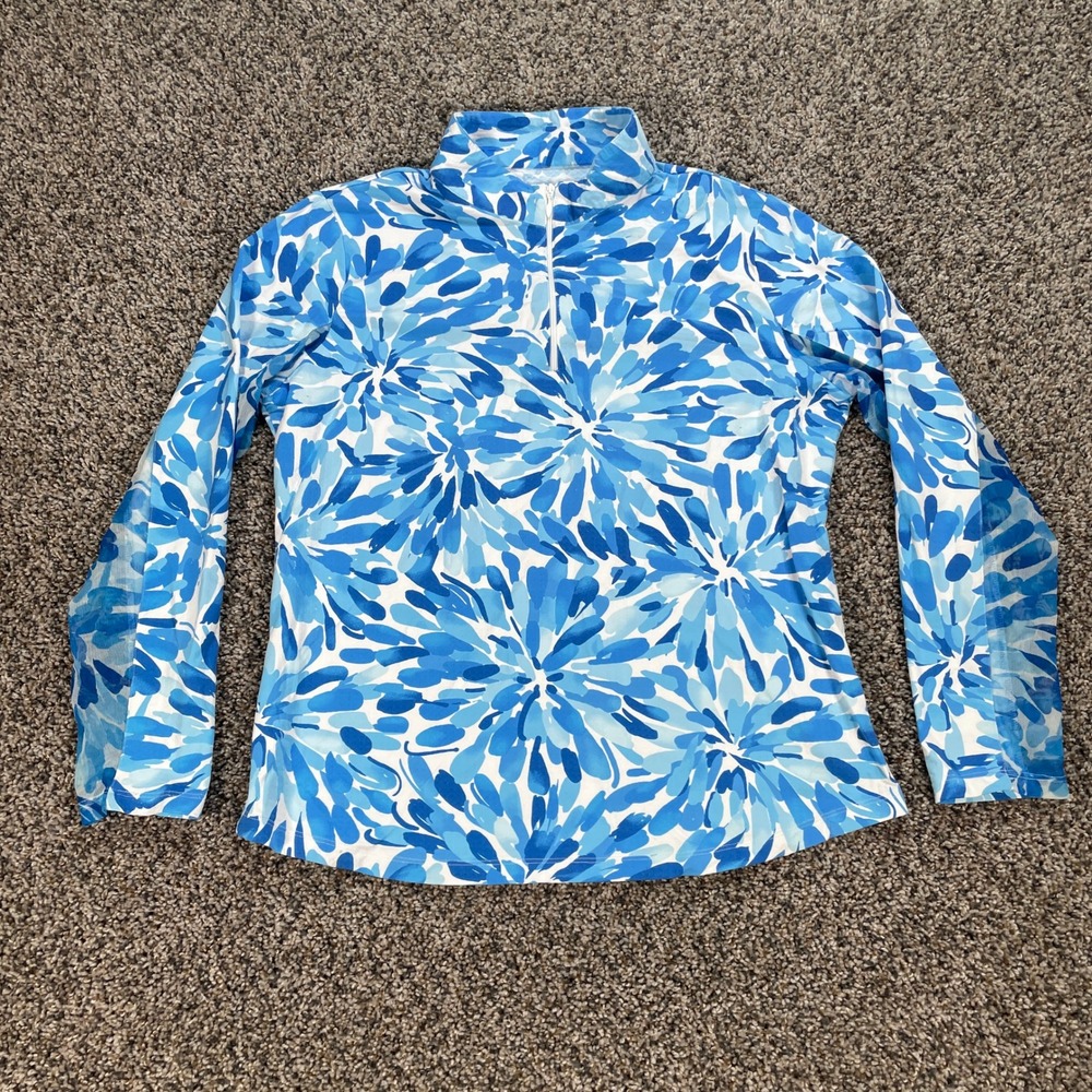 IBKUL Women's XL Quarter Zip Sun Shirt Blue White Floral IceFil Cooling UPF 50+ - Picture 2 of 8